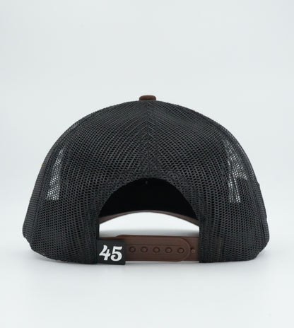 45 Cursive Trucker Cap- White/Chocolate