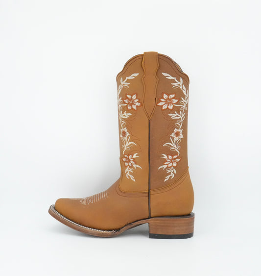 La Sierra Women's Zipper Floral Rust Stitch Square Toe Boot - Tang