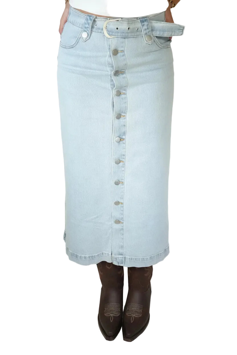 Blue B Women’s Denim Midi Skirt With Belt- Light Blue