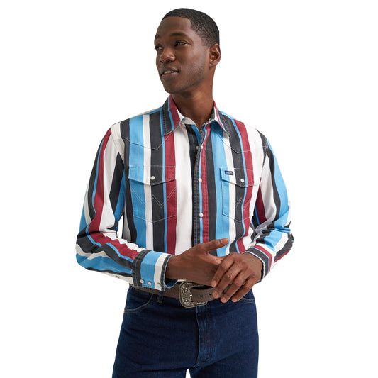 Wrangler Vintage Brushpopper Long Sleeve Western Snap Shirt - Blue