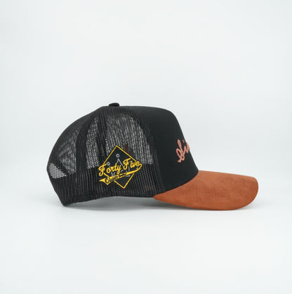 45 Sinaloa Cursive Trucker Cap Black Rust