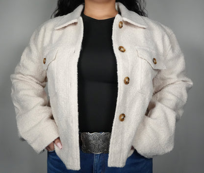 Women’s Fray Faux Sherpa Cropped Shaket - Oatmeal