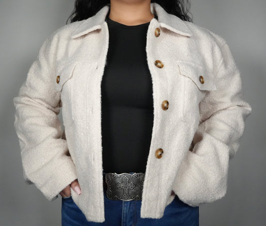 Women’s Fray Faux Sherpa Cropped Shaket - Oatmeal