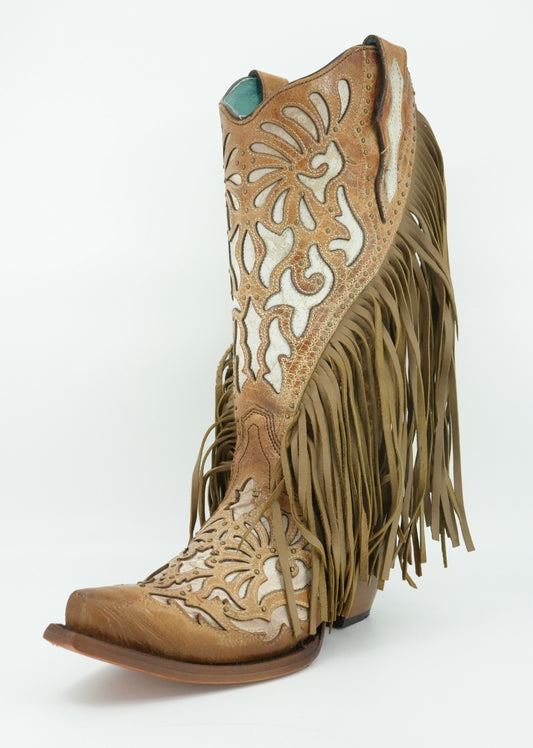 Corral Women’s Lamb Inlay Embroidery Studs & Fringe Snip Toe Boot