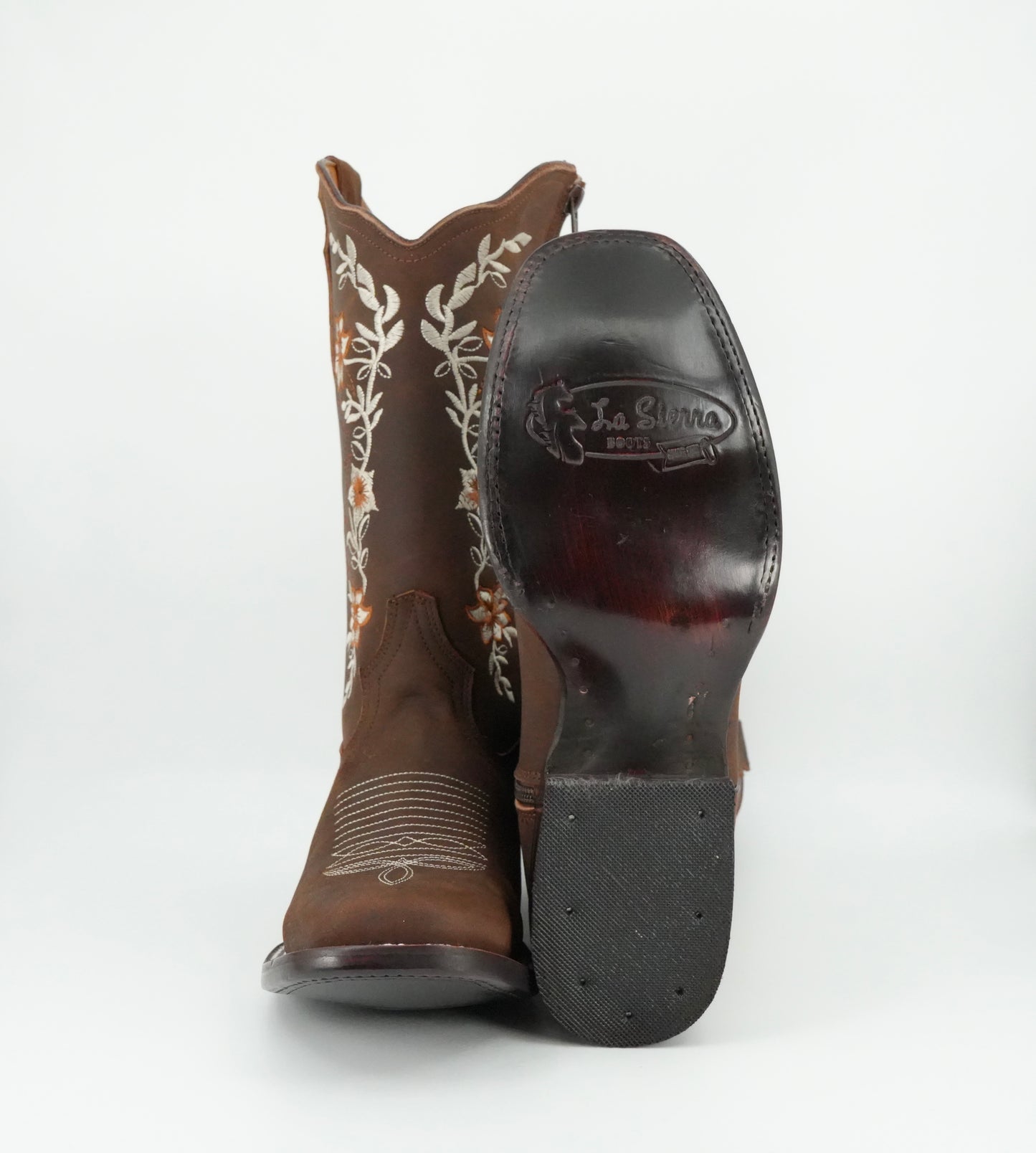 La Sierra Women's Zipper Floral Rust Stitch Square Toe Boot - Brown