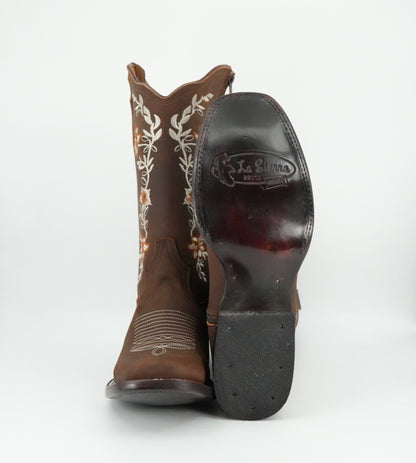 La Sierra Women's Zipper Floral Rust Stitch Square Toe Boot - Brown