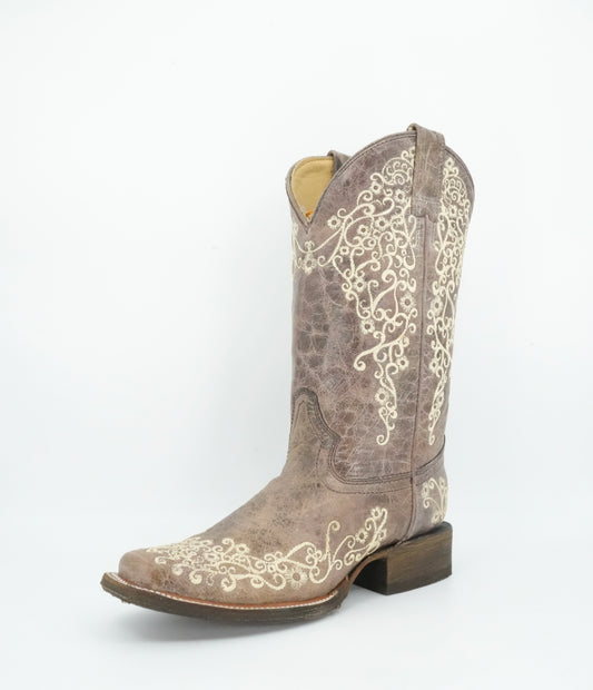 Corral Women’s Brown Bone Floral Square Toe Boot