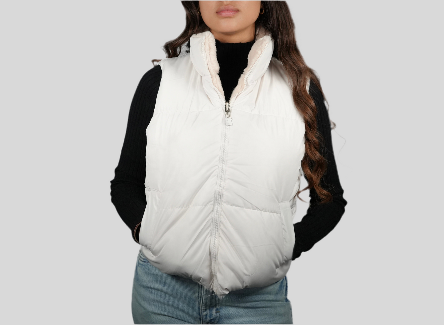 Blashe Reversable Fuzzy Zip Up Vest - Cream