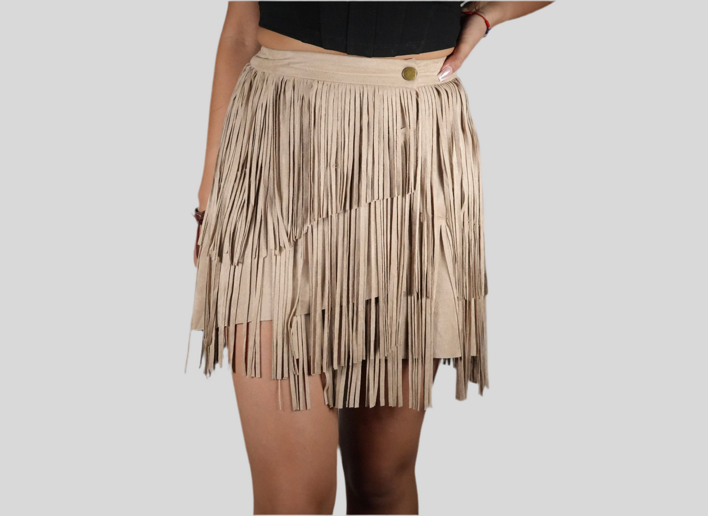 Blue B Women's Suede Fringe Skirt Beige