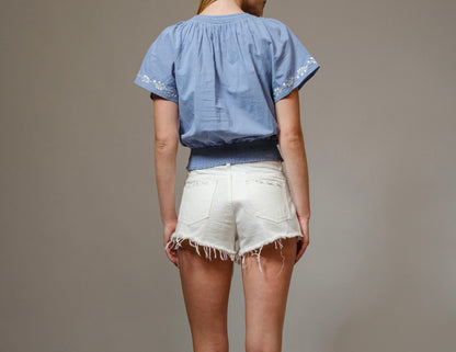 Blue B Women's Poplin Embroidered Tassel Top - Blue