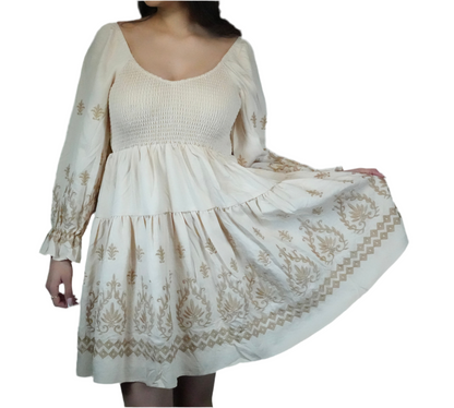 Blue B Women's Smoked Bodice Embroidered Mini Dress - Beige