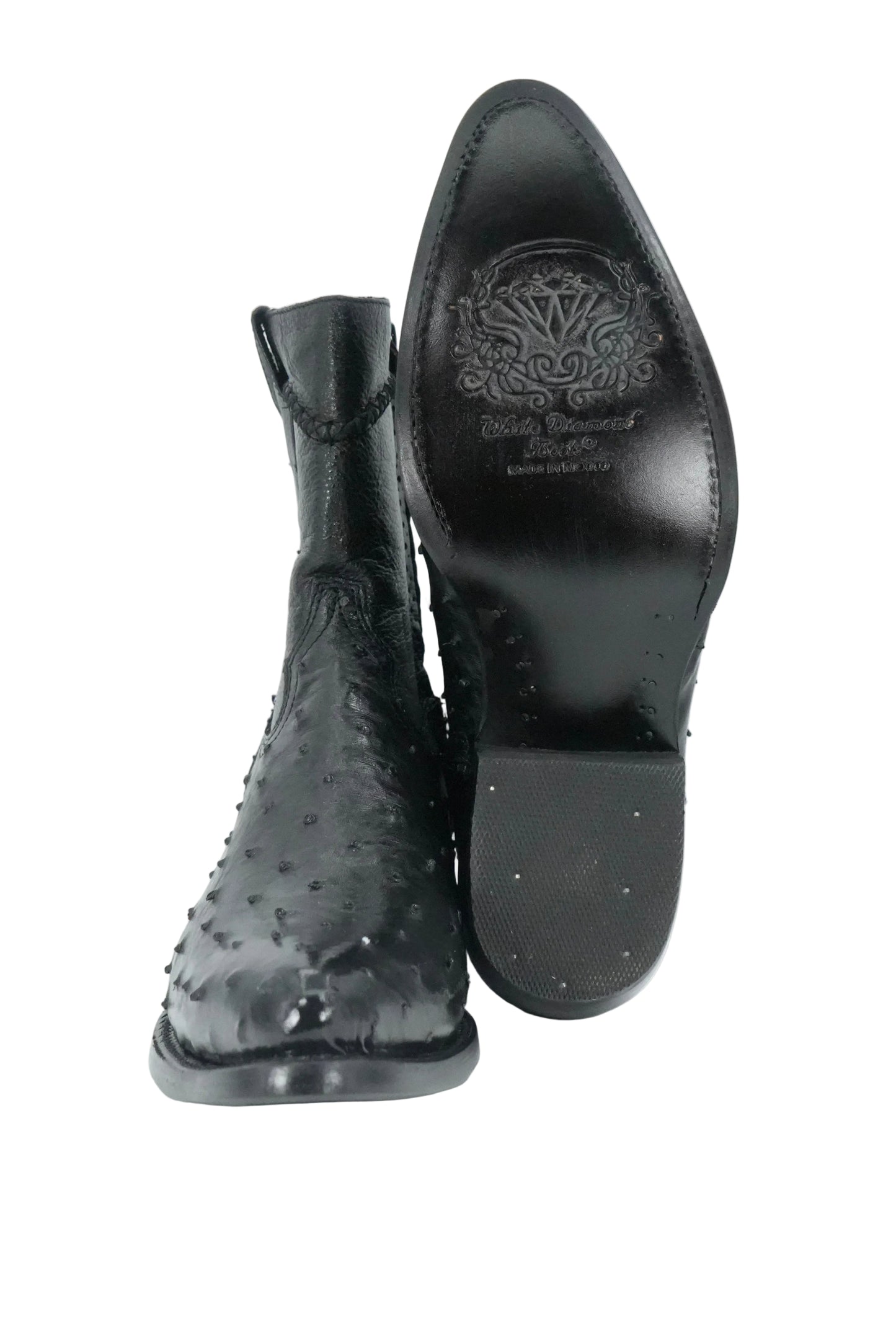 White Diamond Men's Exotic Zip Ostrich Round Toe Short Boot - Black