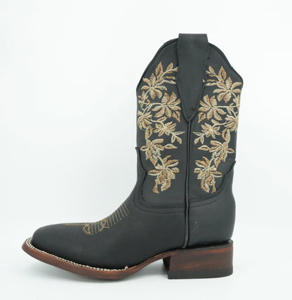 A&A Women's Black Crazy Floral Wide Square Toe Boot