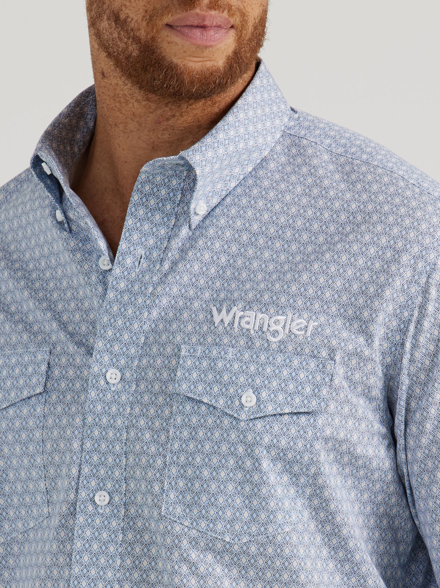 Wrangler Men's Logo Long Sleeve Button-Down Pale Blue