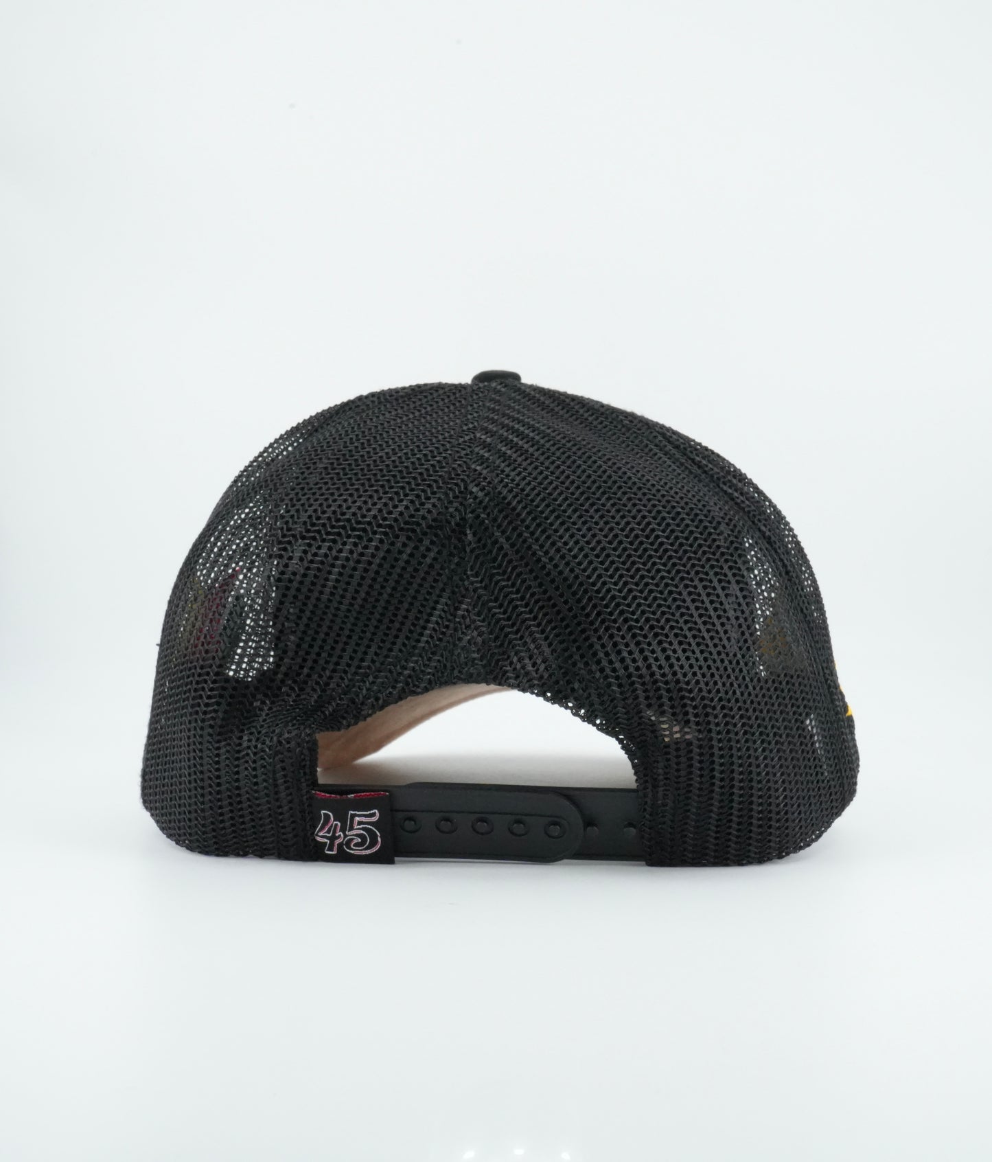 45 Sinaloa Cursive Trucker Cap Black Rust