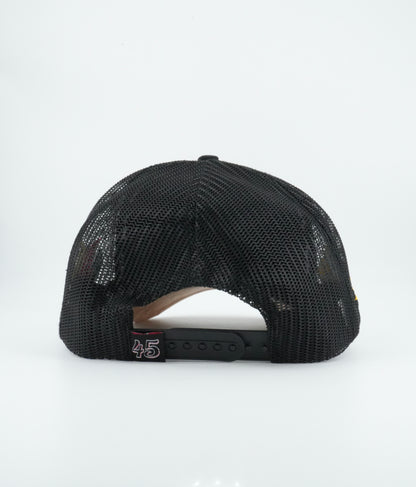 45 Sinaloa Cursive Trucker Cap Black Rust