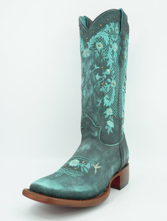 Quincy Women's Hummingbirds Old Turquoise Wide Square Toe Boot