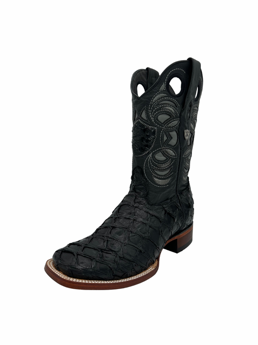Wild West Men's Black Glossy Genuine Pirarucu Wide Square Toe Boot