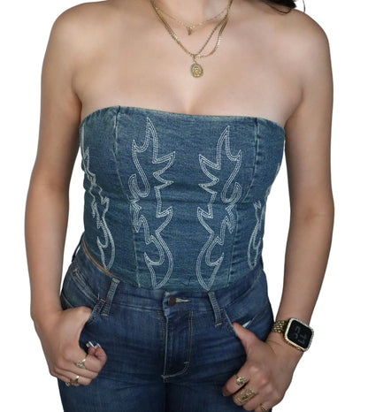 Women's Beckee Denim Western Corset Top - Dark Blue