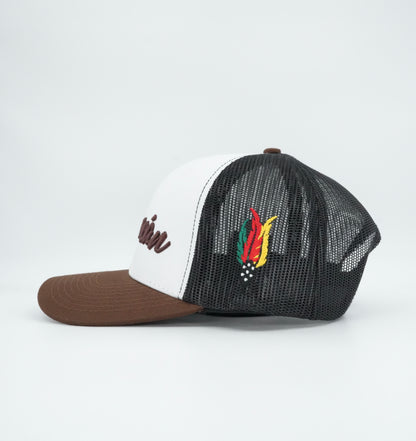 45 Cursive Trucker Cap- White/Chocolate