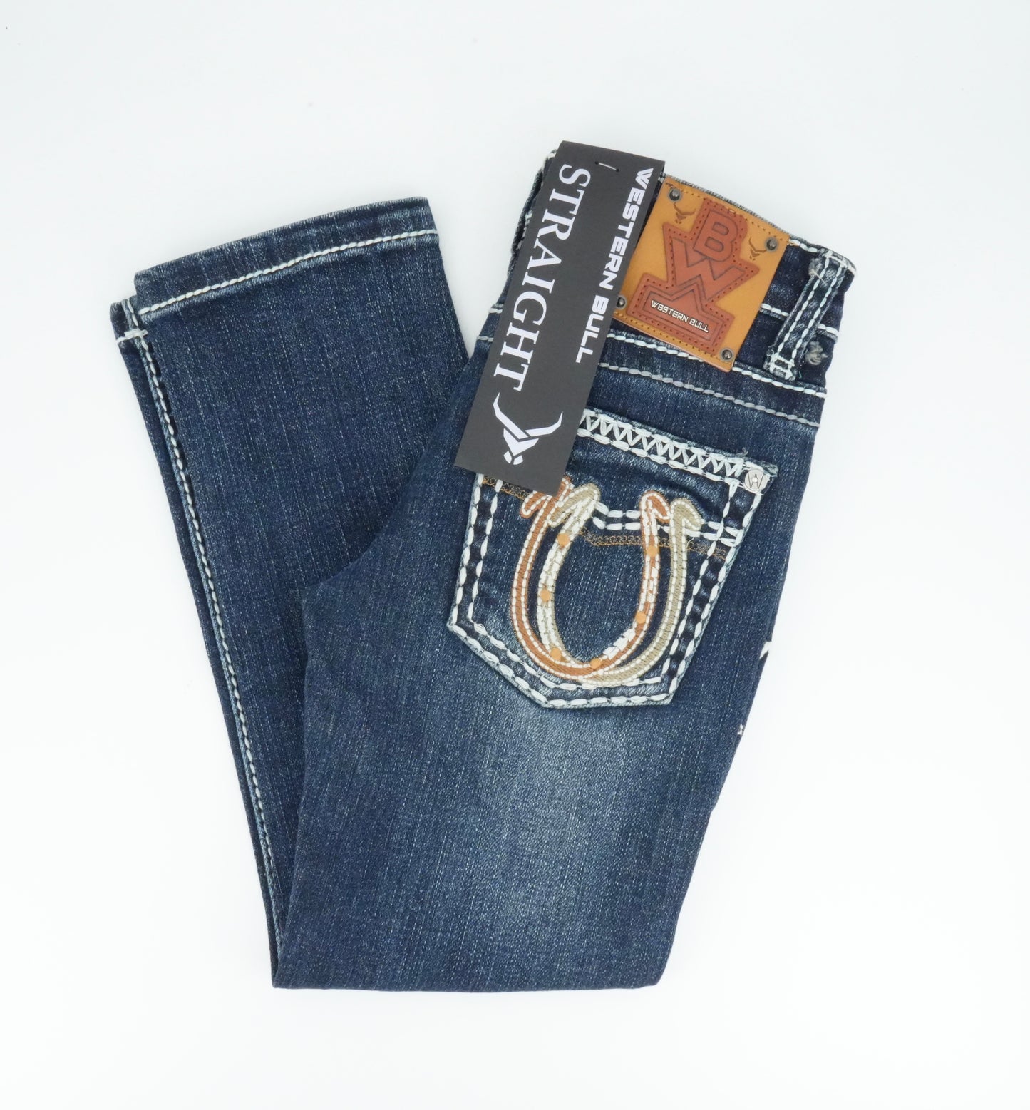 Youth's Western Bull Horseshoe Pocket Blue Straight Jean