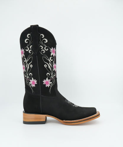 La Sierra Women's Nobuck Floral Pink Stitch Square Toe Boot - Black