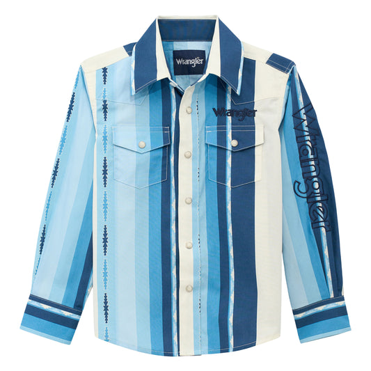 Wrangler Boy's Logo Stripes Long Sleeve Western Snap Shirt - Blue Clouds
