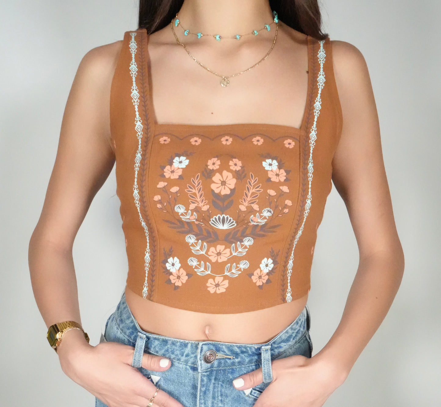 Rock&Roll Denim Women's Floral Tank Top - Brown