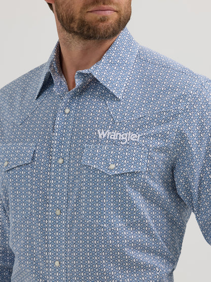 Wrangler Men's Logo Print Blue/White Diamond Long Sleeve Snap Button Shirt