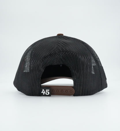 45 Cursive Trucker Cap- White/Chocolate
