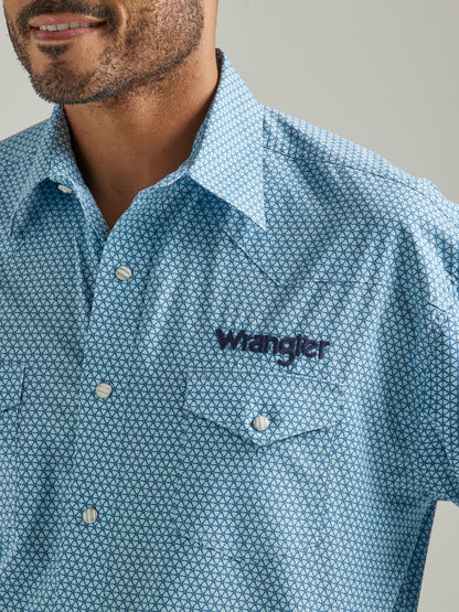 Wrangler Men's Logo Long Sleeve Western Button Down Shirt Blue Print