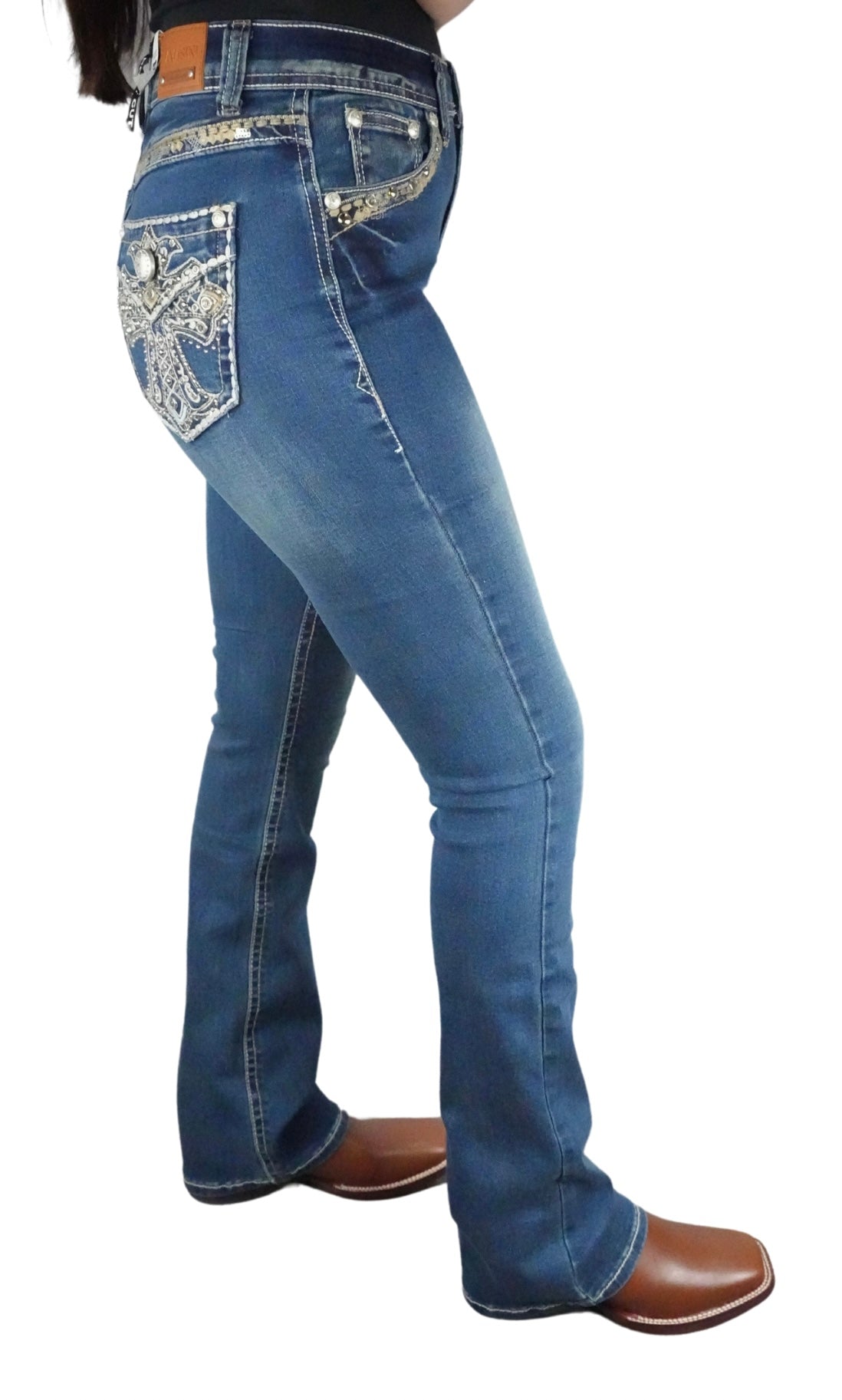 Lamasini Women's Bling Cross Pocket Bootcut Jean Medium Blue