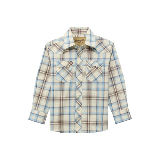 Boy's Wrangler Retro Plaid Western Long Sleeve Button Down Shirt - Tan