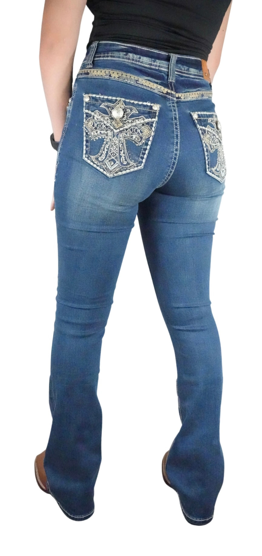 Lamasini Women's Bling Cross Pocket Bootcut Jean Medium Blue