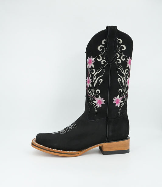 La Sierra Women's Nobuck Floral Pink Stitch Square Toe Boot - Black