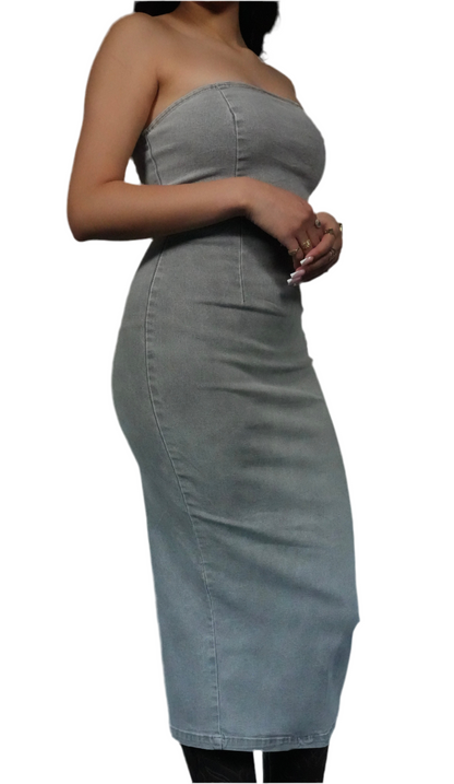 Women's Denim Strapless Bodycon Midi Dress - Grey Wash