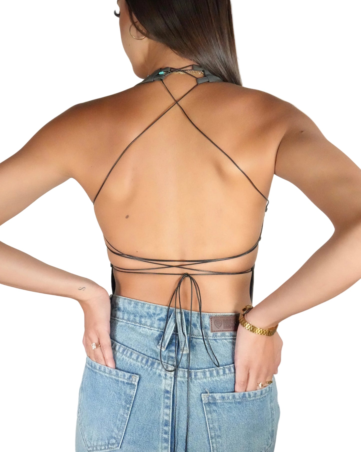 Women's Leather Embroidered Halter Western Corset Top - Charcoal Grey