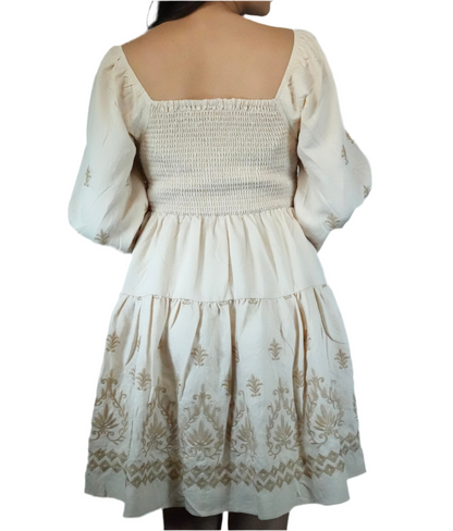 Blue B Women's Smoked Bodice Embroidered Mini Dress - Beige