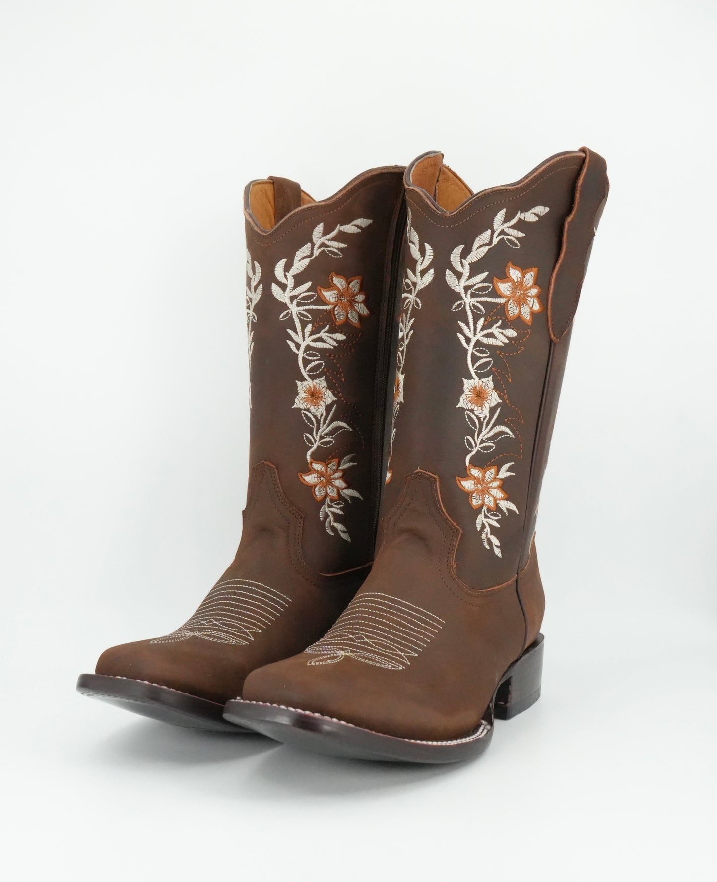 La Sierra Women's Zipper Floral Rust Stitch Square Toe Boot - Brown