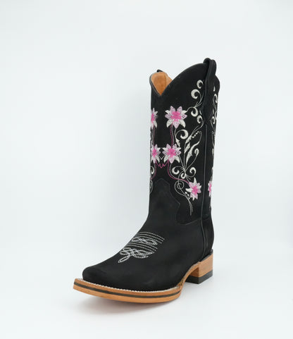 La Sierra Women's Nobuck Floral Pink Stitch Square Toe Boot - Black