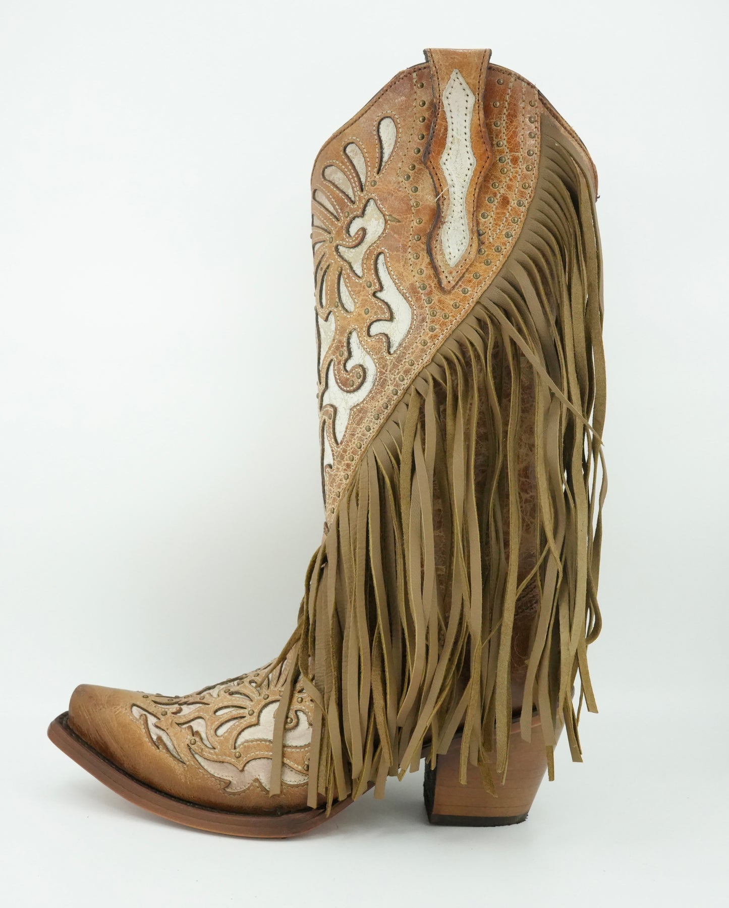 Corral Women’s Lamb Inlay Embroidery Studs & Fringe Snip Toe Boot