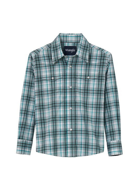 Boy's Wrangler Turquoise Plaid Western Long Sleeve Button Down Shirt