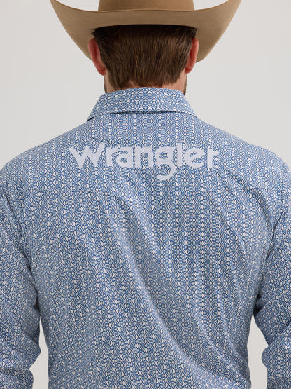 Wrangler Men's Logo Print Blue/White Diamond Long Sleeve Snap Button Shirt