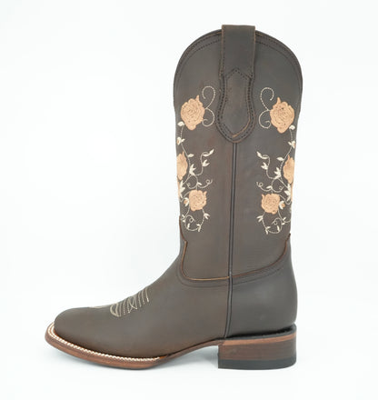 Vaquero Signature Women’s Brown Grasso Flowers Wide Square Toe Boot