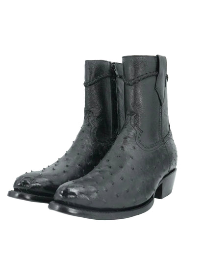 White Diamond Men's Exotic Zip Ostrich Round Toe Short Boot - Black