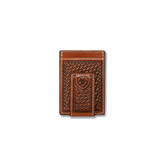 Ariat Tooled Print Design Brown Money Clip Wallet