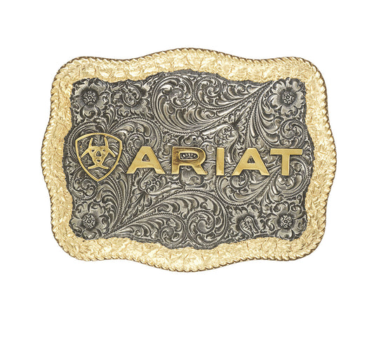 Hebilla grande plateada/dorada con logotipo Ariat