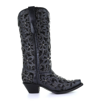 Botas con puntera recortada y tachuelas y bordado floral negro Corral