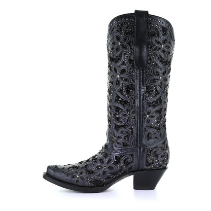 Botas con puntera recortada y tachuelas y bordado floral negro Corral