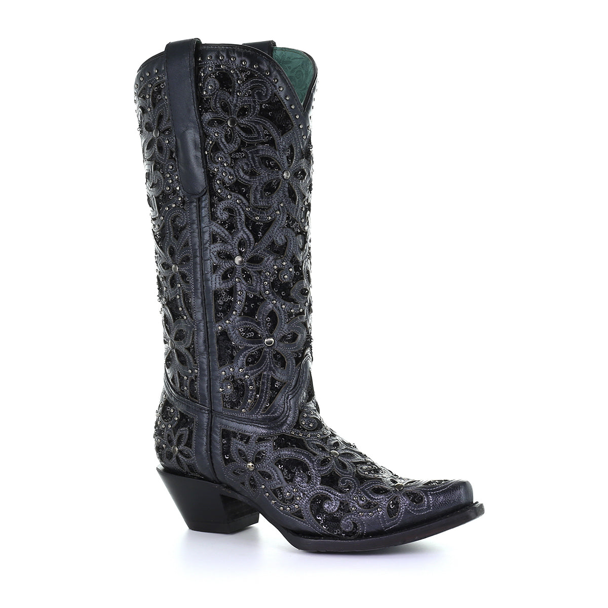 Botas con puntera recortada y tachuelas y bordado floral negro Corral